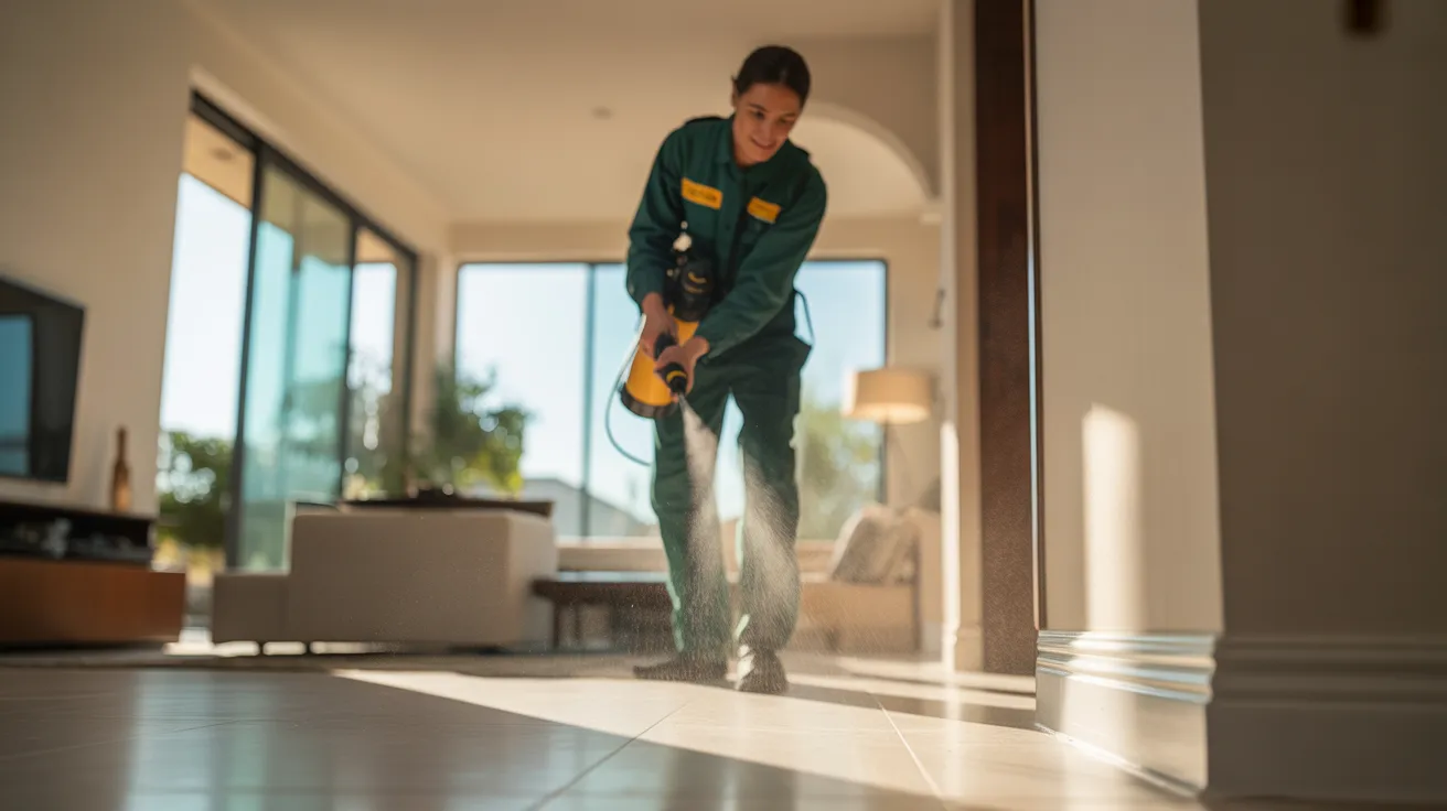 LA Pest Experts technician in green uniform spraying baseboard treatment inside a Los Angeles home